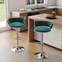 Silver Swivel Upholstered Velvet Adjustable Height Counter Stool with Metal Frame Emerald Green (Set of 2)