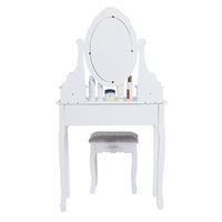 Carved Dressing Vanity Table Set with Mirror&#038;Stool- White