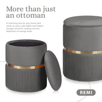 2X Side Table Storage Ottoman - Velvet Padded Stool Vanity Footstool REMI GREY