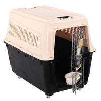 XXXL Plastic Pet Dog Carrier Transport Cat Cage With Wheels Tray & Bowl