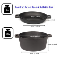 26cm 2-in-1 Cast Iron Dutch Oven & Skillet Set  Pre-Seasoned Dual-Use Pot with Lid Fry Pan, Durable & Versatile Cookware