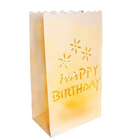 50 Pack White Happy Birthday Luminary Paper Candle Tea Light Lantern Bags Garden Anniversary Birthday Night Decorations Evening Party