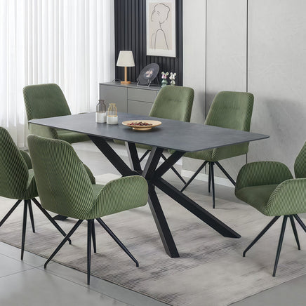 Dining Table Rectangular Shape Green Sintered Stone Top Powder Coated Iron Legs