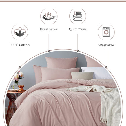 100% Cotton Vintage Washed Bed Quilt Cover Set - Pink - Single