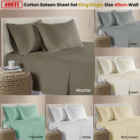 400TC 100% Cotton Sateen Premium Sheet Set 40cm Wall Mocha King Single