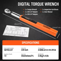 3/8" Drive Digital Torque Wrench Electronic Adjustable Torque Range 44ftlb