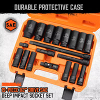 18Pc Deep Impact Socket Set Imperial / SAE Extension Flexible Adaptor 1/2" Drive