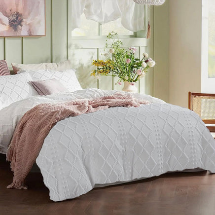 Tufted Boho Embroidery Quilt/Doona/Duvet Cover Set - White - Queen Size