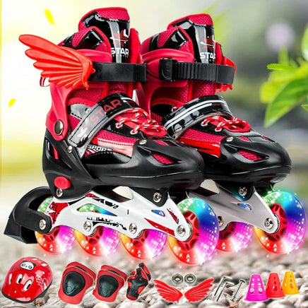 Adjustable Kids Roller Skates Set - Single Flash Wheels - Size s - Red