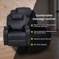 Black Massage Sofa Chair Recliner 360 Degree Swivel PU Leather Lounge 8 Point Heated