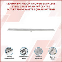 1200mm Bathroom Shower Stainless Steel Grate Drain w/Centre outlet Floor Waste Square Pattern