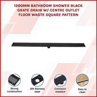 1200mm Bathroom Shower Black Grate Drain w/Centre outlet Floor Waste Square Pattern