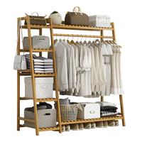 Portable Clothes Rack Coat Garment Stand Bamboo Rail Hanger Airer Closet