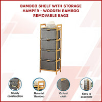 Bamboo Shelf with Storage Hamper – Wooden Organiser with Three-Set Rack Removable Laundry Bags