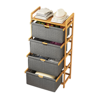 Bamboo Shelf with Storage Hamper – Wooden Organiser with Three-Set Rack Removable Laundry Bags