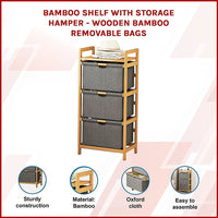Bamboo Shelf with Storage Hamper – Wooden Organiser with Three-Set Rack Removable Laundry Bags