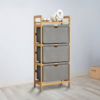 Bamboo Shelf with Storage Hamper – Wooden Organiser with Three-Set Rack Removable Laundry Bags