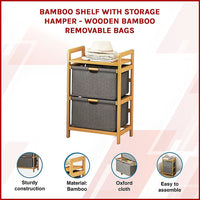 Bamboo Shelf with Storage Hamper – Wooden Organiser with Three-Set Rack Removable Laundry Bags