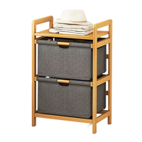 Bamboo Shelf with Storage Hamper – Wooden Organiser with Three-Set Rack Removable Laundry Bags