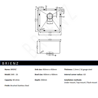 450x450mm Handmade Stainless Steel Undermount / Topmount Kitchen Laundry Sink with Waste