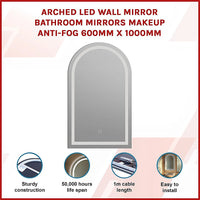 Arched LED Wall Mirror Bathroom Mirrors Makeup Anti-fog 600mm x 1000mm