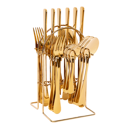 Tableware 24PC Gold Cutlery Set SS304 Household Knife Fork Spoon Kitchen with Storage Rack Dinner Service