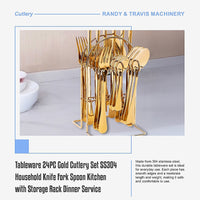 Tableware 24PC Gold Cutlery Set SS304 Household Knife Fork Spoon Kitchen with Storage Rack Dinner Service