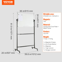 VEVOR 91.5x61cm Rolling Magnetic Whiteboard, Double-sided Mobile Whiteboard, Adjustable Height Dry Erase Board with Wheels, 1 Magnetic Erase & 3 Dry Erase Markers & Movable Tray Office, School