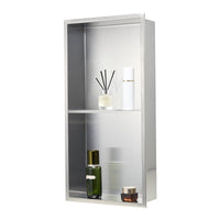 VEVOR Shower Niche, 33.0 x 63.5 x 10.2 cm Recessed Wall Niche Double-layer, with Hollowed-out Divider, Heavy-duty Stainless Steel Modern Shampoo Storage Organizer, Waterproof, Silver for Bathroom