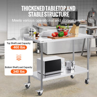 VEVOR 24 x 48 x 40 Inch Stainless Steel Work Table, Commercial Food Prep Worktable with Casters, Heavy Duty Prep Worktable, Metal Work Table with Adjustable Height for Restaurant, Home and Hotel
