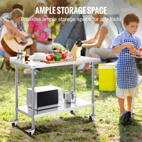 VEVOR 24 x 48 x 40 Inch Stainless Steel Work Table, Commercial Food Prep Worktable with Casters, Heavy Duty Prep Worktable, Metal Work Table with Adjustable Height for Restaurant, Home and Hotel