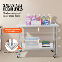 VEVOR 24 x 48 x 40 Inch Stainless Steel Work Table, Commercial Food Prep Worktable with Casters, Heavy Duty Prep Worktable, Metal Work Table with Adjustable Height for Restaurant, Home and Hotel