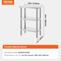 VEVOR Stainless Steel Food Prep Table, 14 x 24 x 34 Inch Commercial Kitchen Worktable, with 2 Adjustable Undershelf, Heavy Duty Prep Table Metal Work Table for BBQ, Kitchen, Home, and Garage