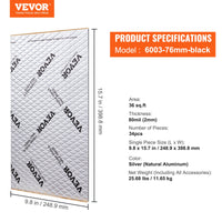 VEVOR Car Sound Deadening Mat, 80 mil 3.3sq.m Car Sound Dampening Material, Butyl Automotive Sound Deadener, Noise Insulation and Vibration Dampening Material for Car