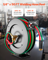 VEVOR Retractable Welding Hose Reel, 1/4-Inch x 50FT Twin Oxygen Acetylene Rubber Hose Max 300PSI - T Grade, Ceiling/Wall Mount Heavy Duty Steel Hose Reel Auto-Rewind, Ideal for Workshops Garages