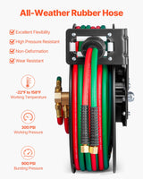 VEVOR Retractable Welding Hose Reel, 1/4-Inch x 50FT Twin Oxygen Acetylene Rubber Hose Max 300PSI - T Grade, Ceiling/Wall Mount Heavy Duty Steel Hose Reel Auto-Rewind, Ideal for Workshops Garages