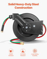 VEVOR Retractable Welding Hose Reel, 1/4-Inch x 50FT Twin Oxygen Acetylene Rubber Hose Max 300PSI - T Grade, Ceiling/Wall Mount Heavy Duty Steel Hose Reel Auto-Rewind, Ideal for Workshops Garages