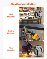 VEVOR Retractable Welding Hose Reel, 1/4-Inch x 50FT Twin Oxygen Acetylene Rubber Hose Max 300PSI - T Grade, Ceiling/Wall Mount Heavy Duty Steel Hose Reel Auto-Rewind, Ideal for Workshops Garages