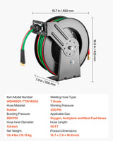 VEVOR Retractable Welding Hose Reel, 1/4-Inch x 50FT Twin Oxygen Acetylene Rubber Hose Max 300PSI - T Grade, Ceiling/Wall Mount Heavy Duty Steel Hose Reel Auto-Rewind, Ideal for Workshops Garages