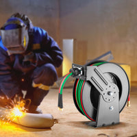 VEVOR Retractable Welding Hose Reel, 1/4-Inch x 50FT Twin Oxygen Acetylene Rubber Hose Max 300PSI - T Grade, Ceiling/Wall Mount Heavy Duty Steel Hose Reel Auto-Rewind, Ideal for Workshops Garages