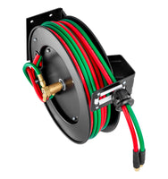 VEVOR Retractable Welding Hose Reel, 1/4-Inch x 50FT Twin Oxygen Acetylene Rubber Hose Max 300PSI - T Grade, Ceiling/Wall Mount Heavy Duty Steel Hose Reel Auto-Rewind, Ideal for Workshops Garages