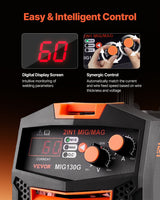 VEVOR MIG Welder, 130A Synergic Mig Welding Machine, 2-in-1 Gas MIG/Gasless Flux Core MIG Multi-Process Welder Machine, Portable Mig Welder with IGBT Inverter Technology & Digital Display Screen