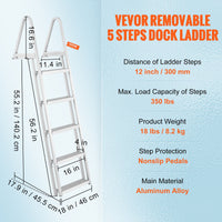 VEVOR Removable Dock Ladder 5 Steps, 159 kg Load Capacity, Pontoon Boat Ladder with 4'' Wide Step & Nonslip Design for Ship/Lake/Pool/Marine Boarding