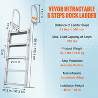 VEVOR Dock Ladder, Retractable 5 Steps, 350 lbs Load Capacity, Aluminum Alloy Pontoon Boat Ladder with 66.9''-78.9'' Adjustable Height, 4'' Wide Step & Mat, for Ship/Lake/Pool/Marine Boarding