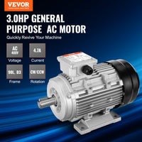 VEVOR 2.2KW Electric Motor 2890 rpm, AC 400V 4.7A, 90L, B3 Frame, Air Compressor Motor 3-Phase, 24mm Keyed Shaft, CW/CCW Rotation for Agricultural Machinery and General Equipment