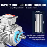 VEVOR 2.2KW Electric Motor 2890 rpm, AC 400V 4.7A, 90L, B3 Frame, Air Compressor Motor 3-Phase, 24mm Keyed Shaft, CW/CCW Rotation for Agricultural Machinery and General Equipment