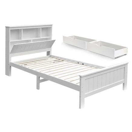 Artiss Bed Frame King Single Size Wooden with 2 Storage Drawers White