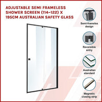 Adjustable Semi Frameless Shower Screen (114~122) x 195cm Australian Safety Glass Kings Warehouse