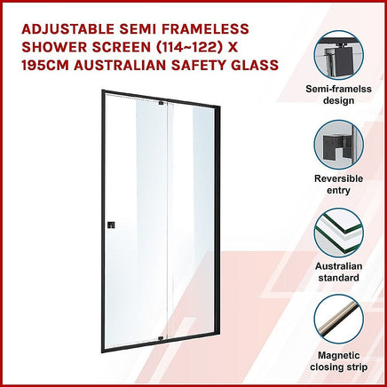 Adjustable Semi Frameless Shower Screen (114~122) x 195cm Australian Safety Glass Kings Warehouse
