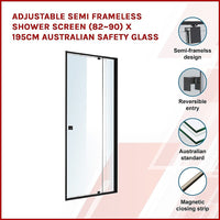 Adjustable Semi Frameless Shower Screen (82~90) x 195cm Australian Safety Glass Furniture Kings Warehouse